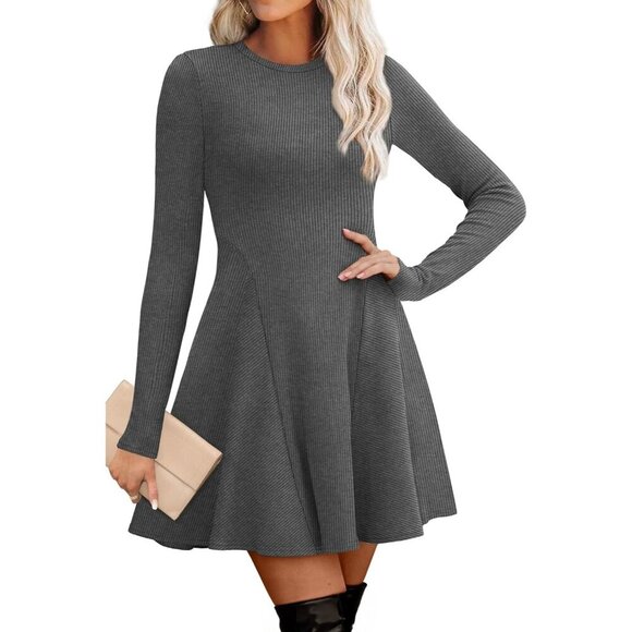 Dresses & Skirts - Women Dark Grey Crew Neck Ribbed Knit Flare A-Line Long Sleeve Sweater Dress
